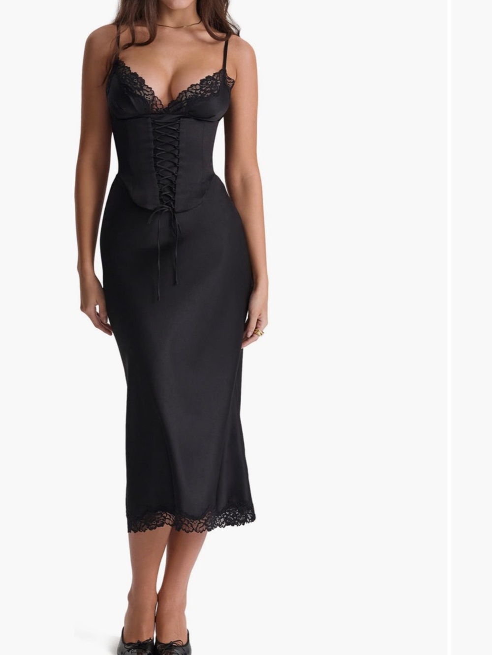 House of CB Black Lace-Trim Midi Slip Skirt